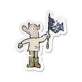 A creative retro distressed sticker of a cartoon wolf man waving pirate flag