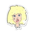 A creative retro distressed sticker of a cartoon woman with bruised face