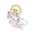 A creative retro distressed sticker of a cartoon woman changing