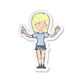 A creative retro distressed sticker of a cartoon woman explaining idea