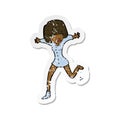 A creative retro distressed sticker of a cartoon woman kicking off sock