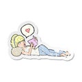 A creative retro distressed sticker of a cartoon woman loving her book