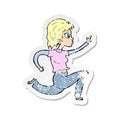 A creative retro distressed sticker of a cartoon woman running and pointing Royalty Free Stock Photo