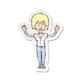 A creative retro distressed sticker of a cartoon woman stressing out