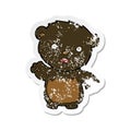 A creative retro distressed sticker of a cartoon worried black bear