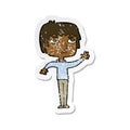A creative retro distressed sticker of a cartoton unhapy boy waving Royalty Free Stock Photo