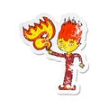 A creative retro distressed sticker of a fire spirit cartoon