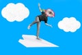 Creative retro magazine collage of male man flying paper plane dragon fruit instead head clouds isolated blue color