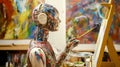 a creative robot painter draws a colorful picture on a canvas