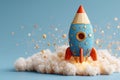 Creative rocket-shaped pencil launching amidst clouds and stars Royalty Free Stock Photo