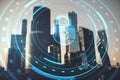 Creative round digital padlock interface on blurry city background. Safety, security, hacking and data protection concept. Double Royalty Free Stock Photo