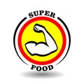 Creative round logo Super Food with muscle male arm icon, strong shoulder sign, athletic man hand pictogram for sport meal