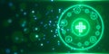 creative round medical interface with cross and other icons on green background. Healthcare and innovation concept. Royalty Free Stock Photo