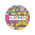 Creative round-shaped logo for Latino festival. Music folk celebration. Abstract emblem with guitar. Line art with