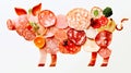 Creative Salami and Deli Meat Collage in the Shape of a Pig with Citrus and Herbs Royalty Free Stock Photo
