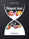 Creative sale banner design with illustration of hourglass full of gift boxes for Biggest Sale.