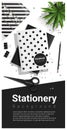 Creative scene with black and white stationery background