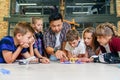 Creative school children with young asian teacher study an electronic constructor with fan and turn on flashlight Royalty Free Stock Photo