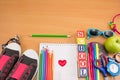 Creative school objects on wooden table