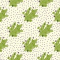 Creative seamless doodle pattern with green abstract foliage bouquet. White background with dots Royalty Free Stock Photo