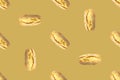 Creative seamless food pattern from flying ciabatta bread loaves on brown background. Italian cuisine baking concept