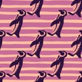 Creative seamless patten in doodle style with simple purple colored penguins shapes. Pink striped background