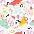 Creative seamless pattern with colorful stains, lines and shapes of various texture on white background. Stylish