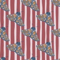 Creative seamless pattern with folk insect stylized moles. Blue butterflies with orange details on stripped background with maroon