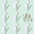 Creative seamless pattern with open bamboo coffee cup with lid, metal drinking straws and roasted coffee beans. Royalty Free Stock Photo