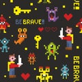 Creative seamless pattern with pixel monsters and brave knights. Royalty Free Stock Photo