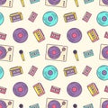 Creative seamless pattern with retro analog music player, cassette recorder, turntable, vinyl disc, microphone on light