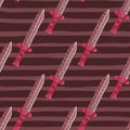 Creative seamless pattern with swors doodle ornament. Historical knife elements on striped maroon background Royalty Free Stock Photo