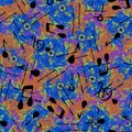 Creative seamless pattern on the theme of music. Colorful blots and scribble. Royalty Free Stock Photo