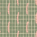 Creative seamless sea flora pattern with pink simple seaweed ornament. Grey chequered background