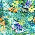 Creative seamless watercolor pattern of plants, Herbs, flowers, poppy, Butterfly. Immortelle plant, tansy, wild herbs. Abstract pa