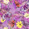 Creative seamless watercolor pattern of plants, Herbs, flowers, poppy, Butterfly. Immortelle plant, tansy, wild herbs. Abstract pa