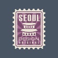 Creative Seoul city postmark with Gyeongbokgung Palace. South Korea landmark icon with caption. Travel concept. Flat