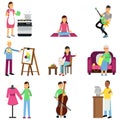 Creative set of adult people and their hobbies. Cooking, painting, playing guitar and bass, embroidery, knitting, sewing