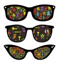 Creative set of retro sunglasses with pattern reflection. Royalty Free Stock Photo