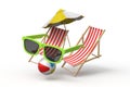 Deck chair, umbrella, beach ball, and sunglasses Royalty Free Stock Photo