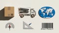 Creative shipping and logistics concept with a box truck world map and other elements Royalty Free Stock Photo
