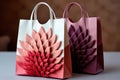 Creative shopping bags with handles with a voluminous pattern of an exotic flower are on the table