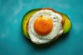 A creative shot of a fried egg on a slice of avocado, creating a vibrant contrast