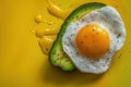 A creative shot of a fried egg on a slice of avocado, creating a vibrant contrast