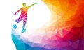 Creative silhouette of soccer player. Football player kicks the ball in trendy abstract colorful polygon rainbow back