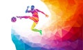 Creative silhouette of soccer player. Football player kicks the ball in trendy abstract colorful polygon style with rainbow back Royalty Free Stock Photo