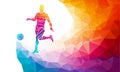 Creative silhouette of soccer player. Football player kicks the ball in trendy abstract colorful polygon style with rainbow back