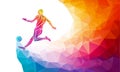 Creative silhouette of soccer player. Football player kicks the ball in trendy abstract colorful polygon style with