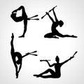 Creative silhouettes of 4 gymnastic girl with clubs. Art gymnastics or ballet dancing women, vector illustration Royalty Free Stock Photo