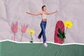 Creative sketch 3d magazine of young girl running have fun carefree growing yellow daisy flower garden isolated on Royalty Free Stock Photo